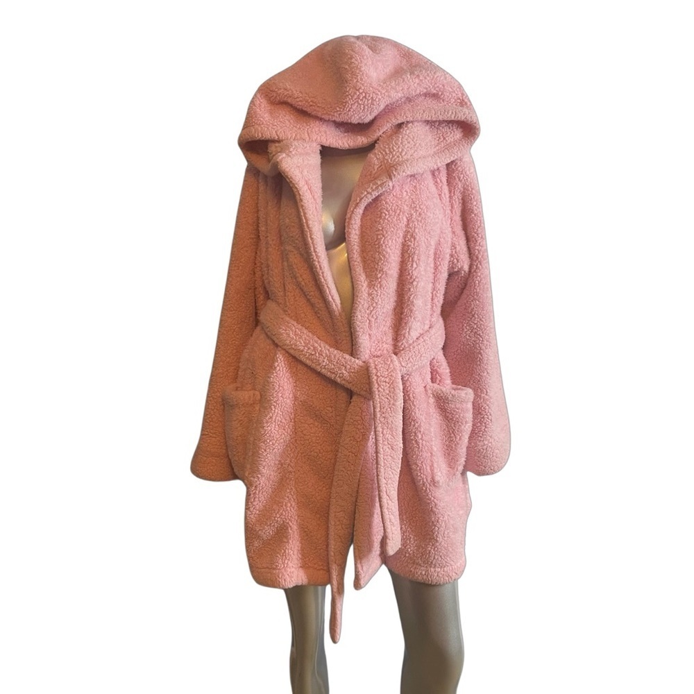 Jasmine & Ginger soft fluff Barbie pink hooded, pockets & belted short robe Sz L